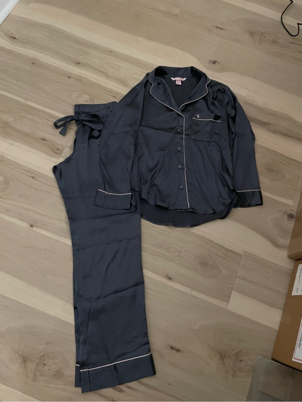 Victoria's Secret Charcoal Satin Pajama Set with Light Trim